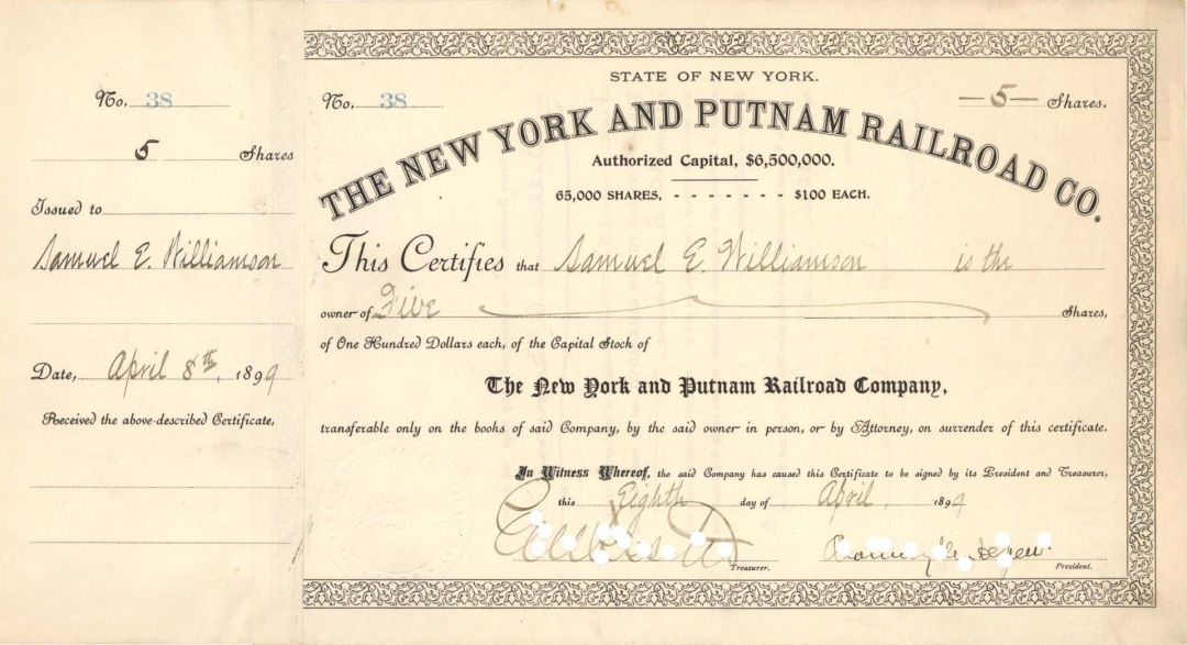 New York and Putnam Railroad Co. Signed by Chauncey M. Depew - 1899 dated Autographed Stock Certificate