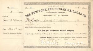 New York and Putnam Railroad Co. Signed by Chauncey M. Depew - 1899 dated Autographed Stock Certificate