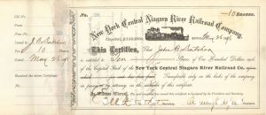 New York Central Niagara River Railroad Co. Signed by Chauncey M. Depew - 1896 dated Autographed Stock Certificate