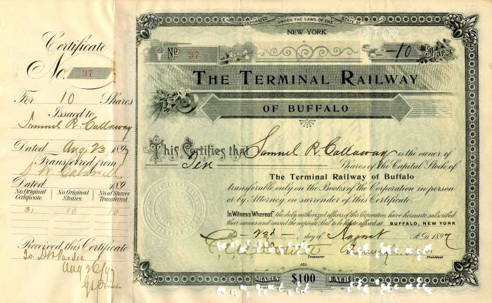 Terminal Railway of Buffalo Signed by Chauncey M. Depew - Stock Certificate