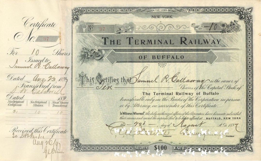 Terminal Railway of Buffalo Signed by Chauncey M. Depew - 1897 dated Autographed Stock Certificate