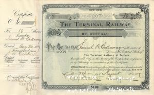 Terminal Railway of Buffalo Signed by Chauncey M. Depew - 1897 dated Autographed Stock Certificate