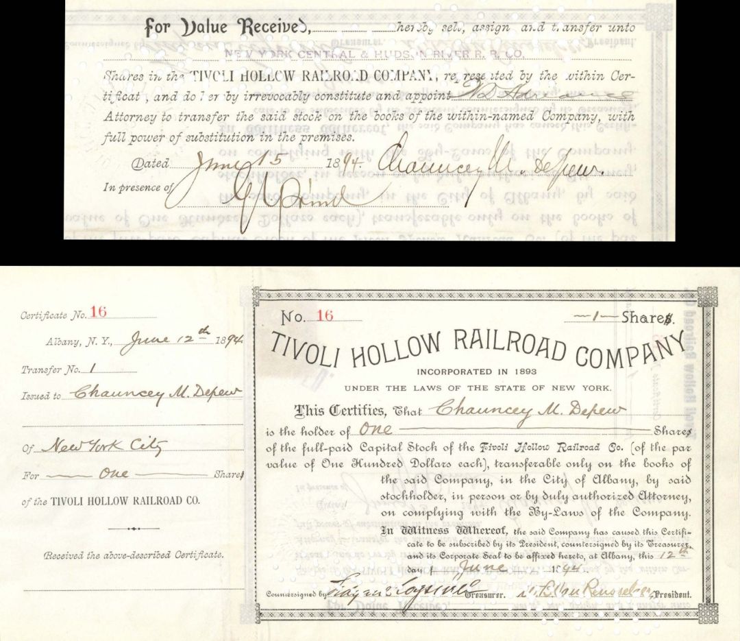 Tivoli Hollow Railroad Co. Issued to and Signed by Chauncey M. Depew - 1894 dated Autographed Stock Certificate