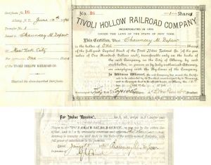 Tivoli Hollow Railroad Co. Signed by Chauncey M. Depew - Stock Certificate