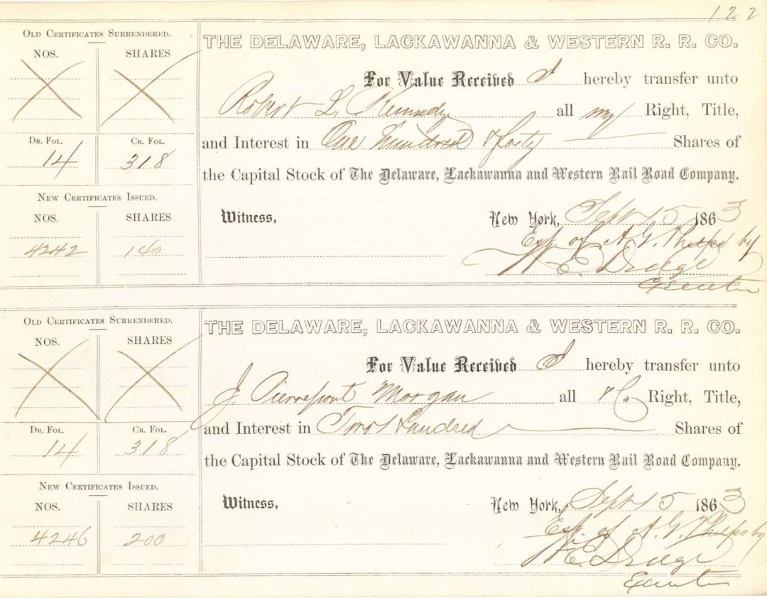 Delaware, Lackawanna and Western R.R. Co. Issued to J.Pierpont Morgan and Signed twice by William E. Dodge - Stock Certificate
