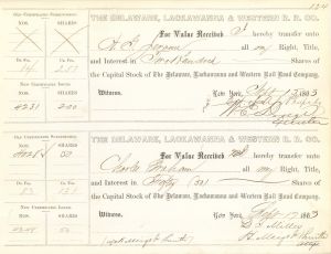 Delaware, Lackawanna and Western Railroad Issued to A. G. Jerome and Signed by William E. Dodge - 1863 dated Autographed Stock Certificate