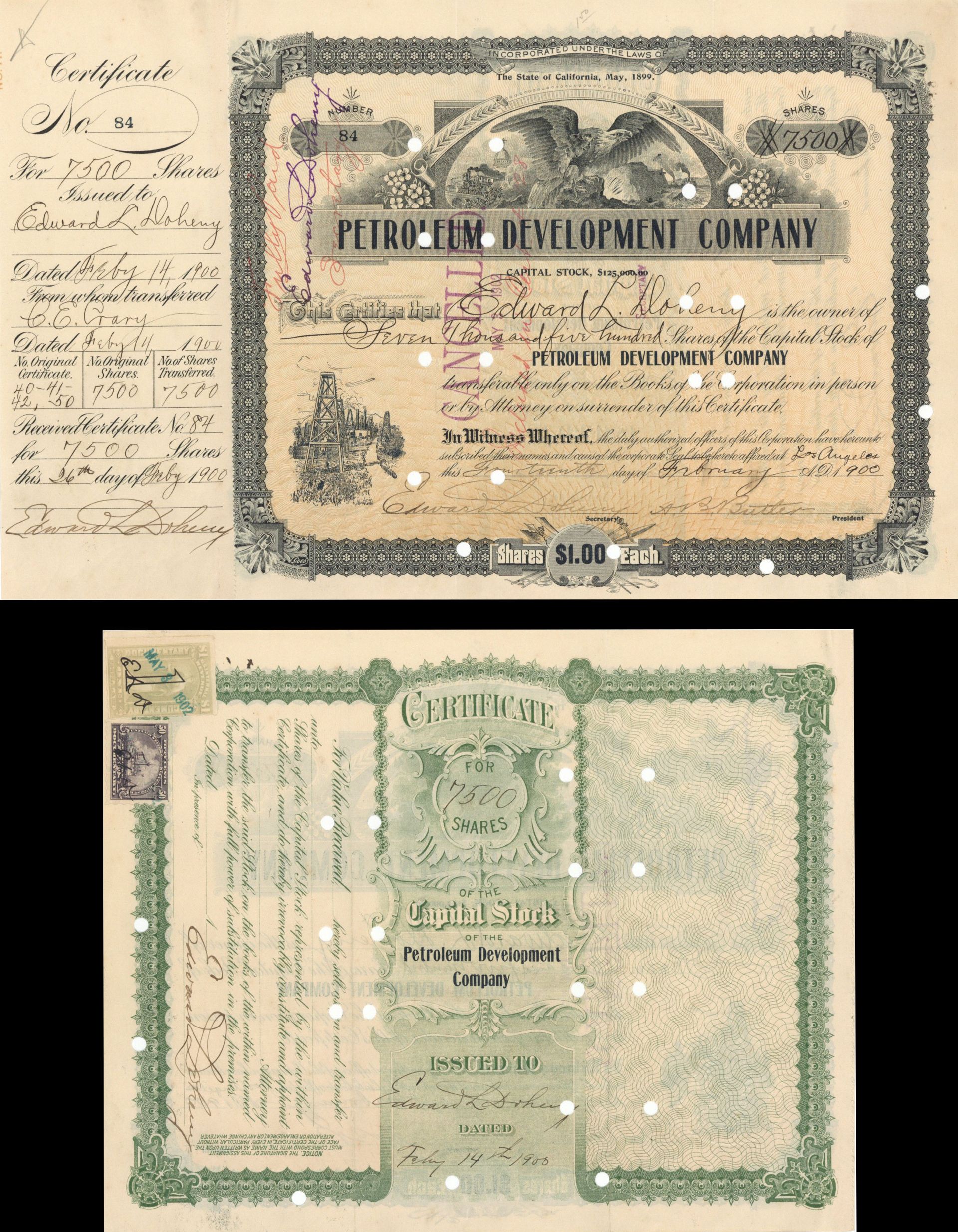 Petroleum Development Co. Issued to and Signed by E.L. Doheny - Stock Certificate