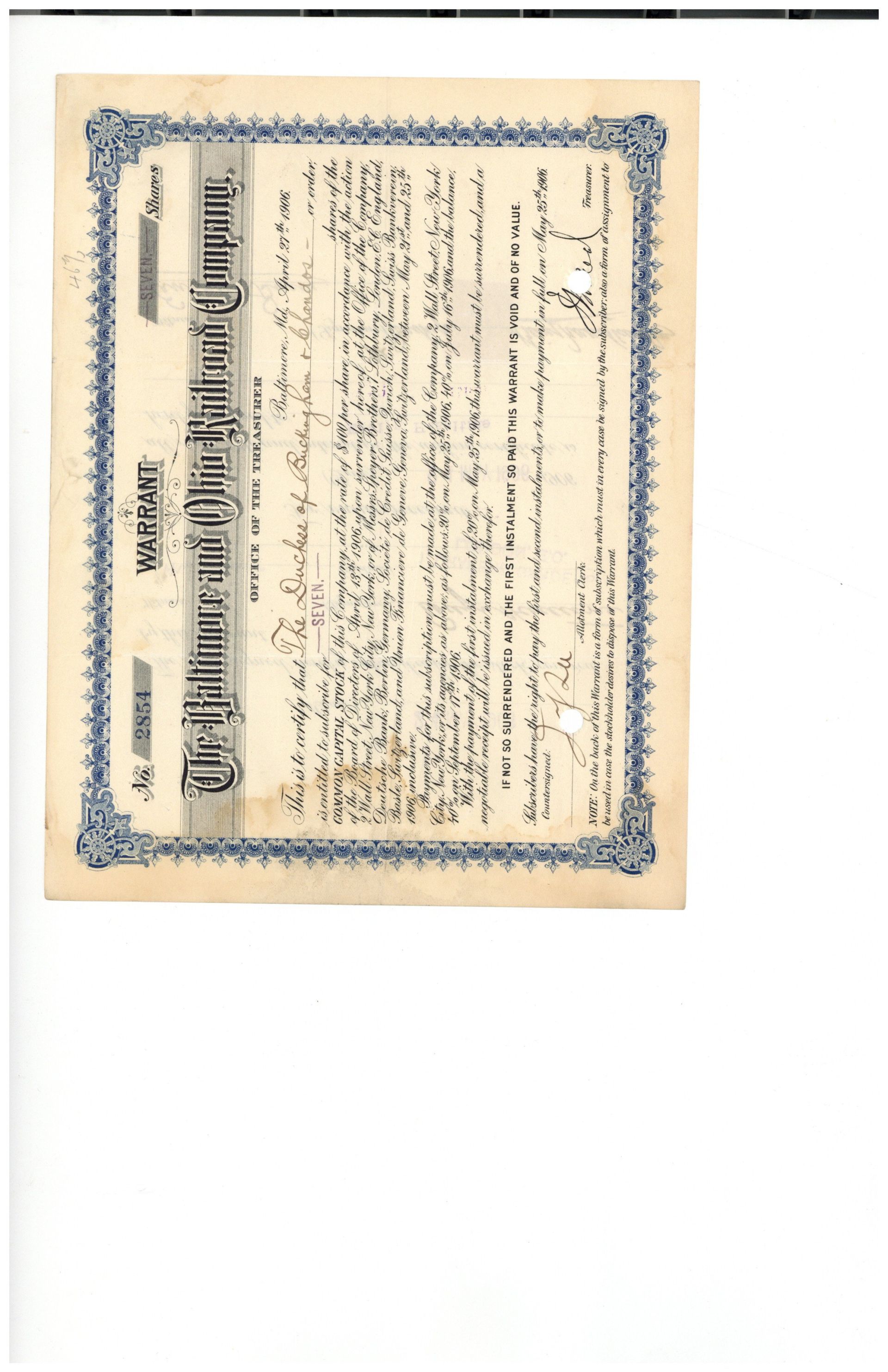 Baltimore and Ohio Railroad Co. Issued to and Signed by Duchess of Buckingham and Chandos - Stock Certificate