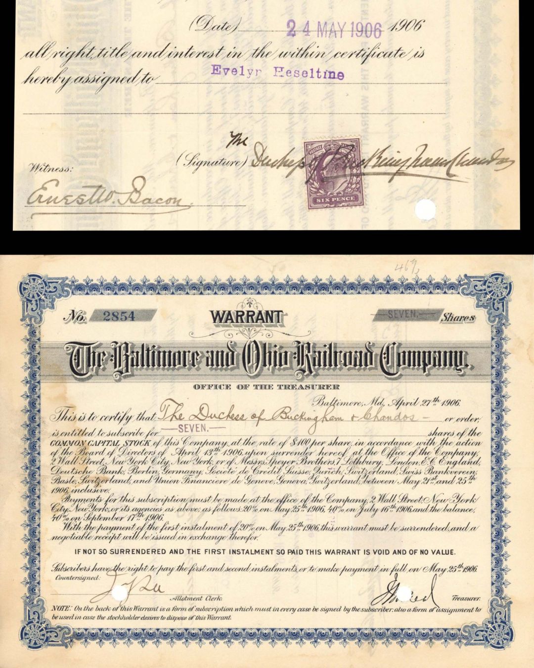 Baltimore and Ohio Railroad Co. Issued to and Signed by Duchess of Buckingham and Chandos - 1906 dated Autographed Stock Certificate