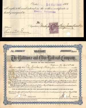 Baltimore and Ohio Railroad Co. Issued to and Signed by Duchess of Buckingham and Chandos - 1906 dated Autographed Stock Certificate