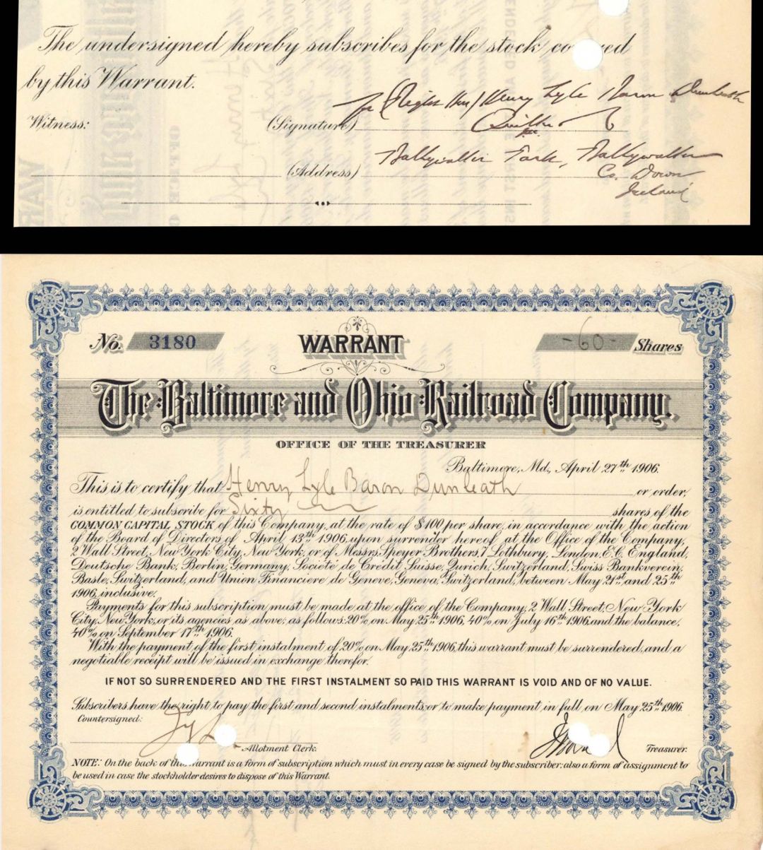 Baltimore and Ohio Railroad Co. Issued to and Signed by Henry Lyle Baron Dunleath - 1906 dated Autographed Stock Certificate