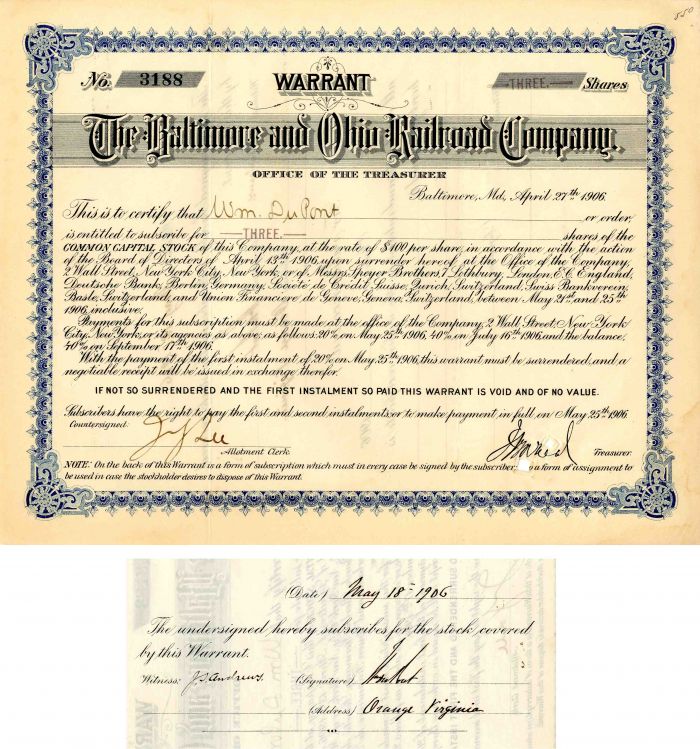 Baltimore and Ohio Railroad Co. issued to and signed by Wm. du Pont - Autograph Stock Certificate