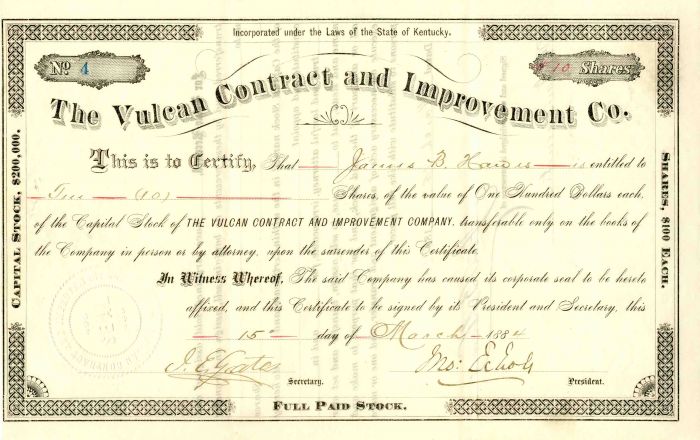 Vulcan Contract and Improvement Co. Signed by Jno. Echols - Stock Certificate