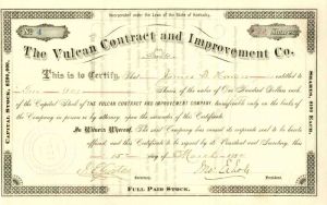 Vulcan Contract and Improvement Co. Signed by Jno. Echols - Stock Certificate
