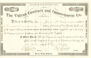 Vulcan Contract and Improvement Co. Signed by John Echols - 1884 dated Autograph Stock Certificate