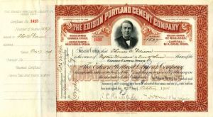 Edison Portland Cement Co. Issued to Thomas A. Edison - Stock Certificate