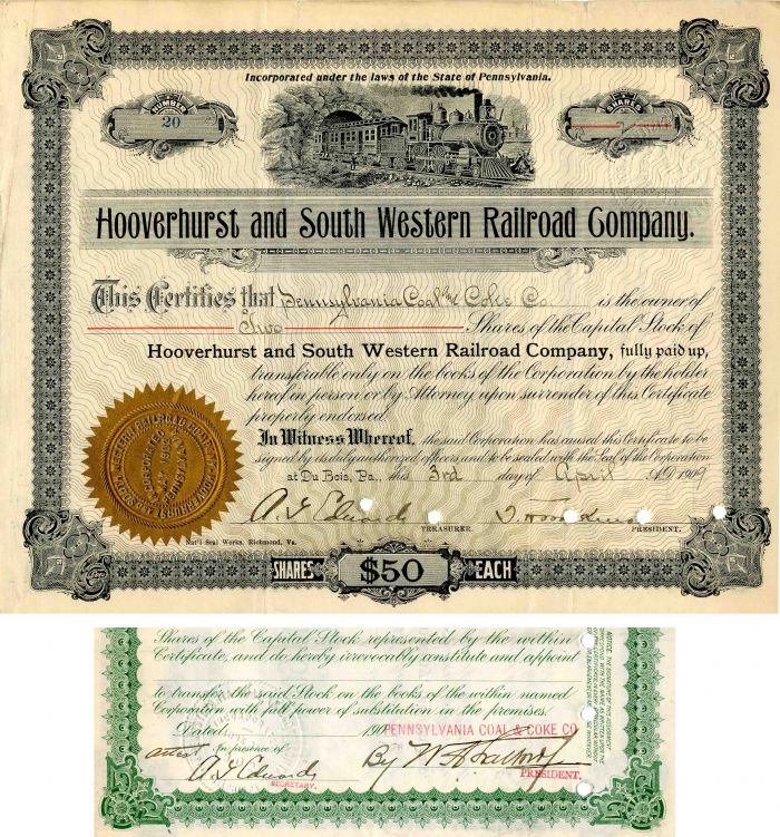 Hooverhurst and South Western Railroad Co. Signed twice by A.G. Edwards - Stock Certificate