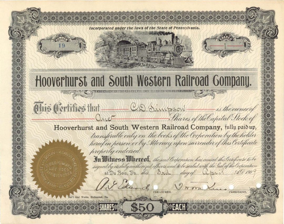 Hooverhurst and South Western Railroad Co. Signed by A.G. Edwards - 1909 dated Autographed Stock Certificate