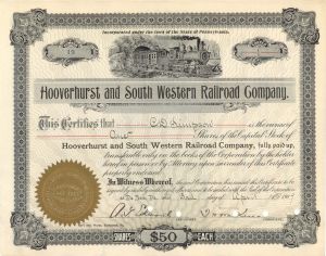 Hooverhurst and South Western Railroad Co. Signed by A.G. Edwards - 1909 dated Autographed Stock Certificate