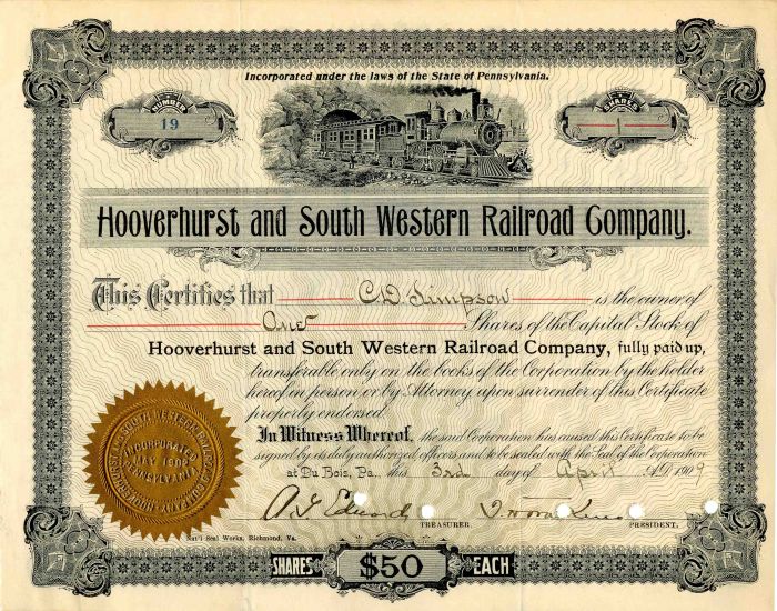 Hooverhurst and South Western Railroad Co. Signed by A.G. Edwards - Stock Certificate