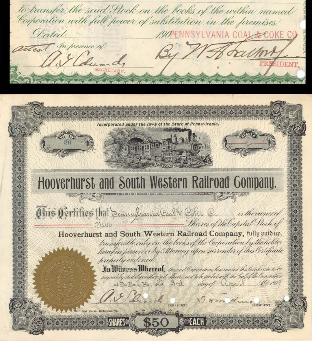 Hooverhurst and South Western Railroad Co. Signed twice by A.G. Edwards - 1909 dated Autographed Stock Certificate