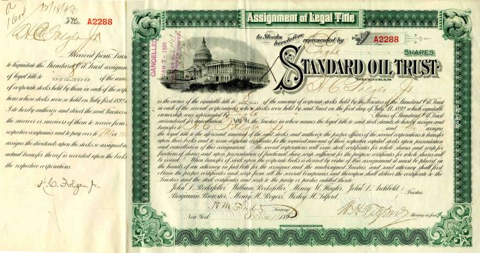 Standard Oil Trust Issued to and signed by H.C. Folger, Jr. - Stock Certificate 