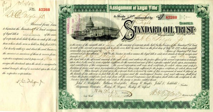 Standard Oil Trust Issued to and signed by H.C. Folger, Jr. - Stock Certificate