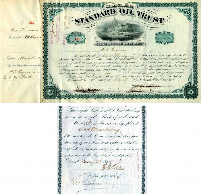 Standard Oil Trust Issued to and signed by H.H. Rogers - Stock Certificate 