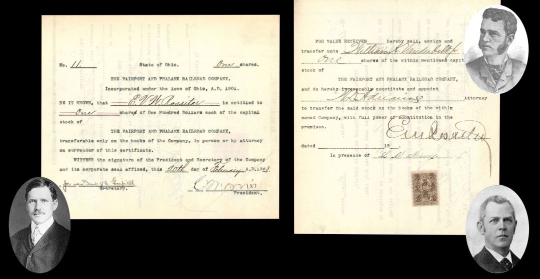 Fairport and Phalanx Railroad Co. Issued to E.V.W. Rossiter and signed by James Rudolph Garfield, transferred to Wm. K. Vanderbilt - 1908 dated Autograph Railway Stock Certificate 