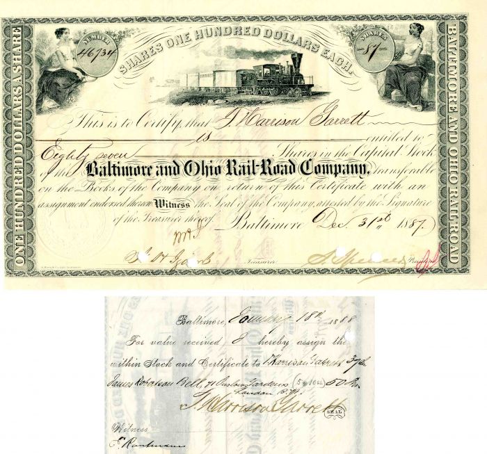 Baltimore and Ohio Rail Road Co. Signed by T. Harrison Garrett - Stock Certificate 