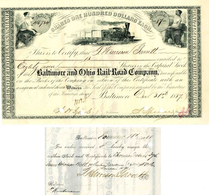 Baltimore and Ohio Rail Road Co. Signed by T. Harrison Garrett - Stock Certificate