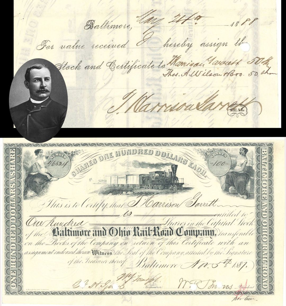 Baltimore and Ohio Rail-Road Co. issued to and signed by T. Harrison Garrett - 1887 dated Stock Certificate 