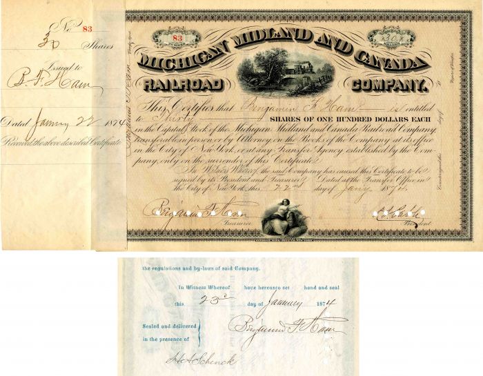 Michigan Midland and Canada Railroad Co. Issued to and Signed by Benjamin F. Ham- Stock Certificate 