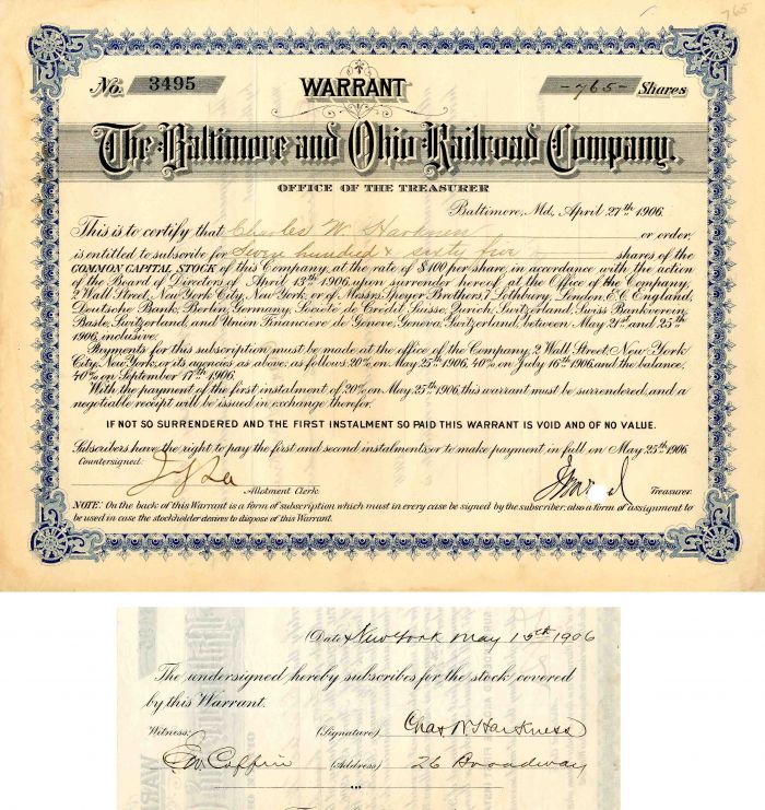 Baltimore and Ohio Railroad Co. Issued to and Signed by Charles W. Harkness- Stock Certificate