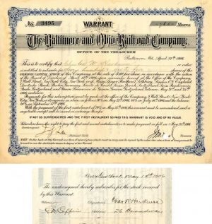 Baltimore and Ohio Railroad Co. Issued to and Signed by Charles W. Harkness- Stock Certificate 