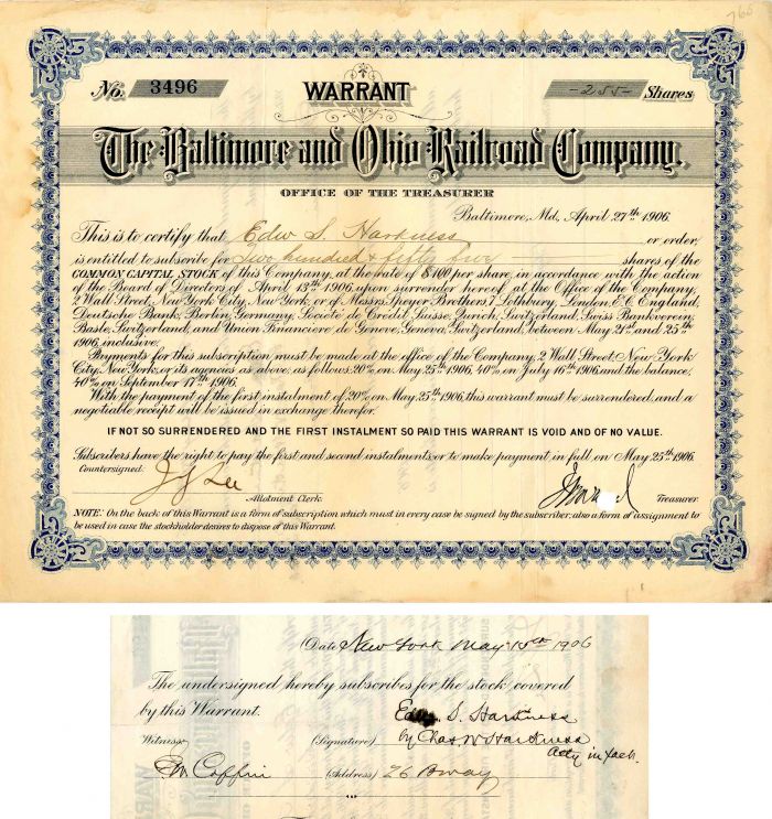 Baltimore and Ohio Railroad Co. Issued to and Signed by Edward S. Harkness- Stock Certificate 