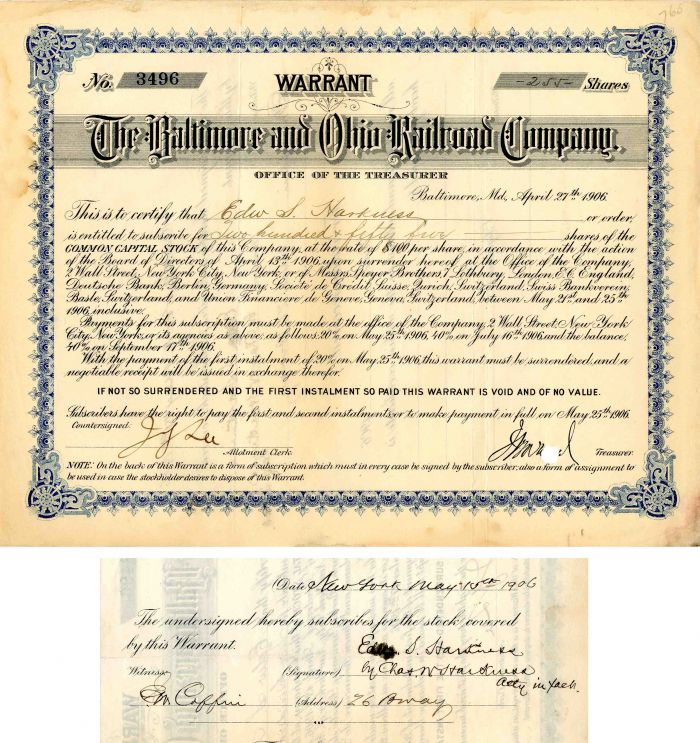 Baltimore and Ohio Railroad Co. Issued to and Signed by Edward S. Harkness- Stock Certificate