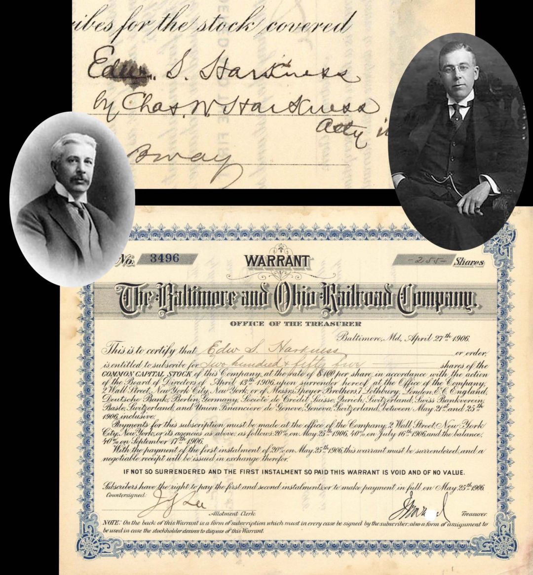 Baltimore and Ohio Railroad Co. Issued to and Signed by Edward S. Harkness- 1906 dated Autographed Stock Certificate 