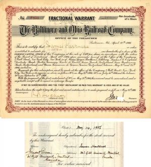 Baltimore and Ohio Railroad Co. Issued to/Signed by James Harkness - 1906 dated Stock Certificate