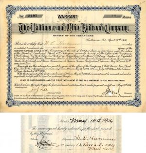 Baltimore and Ohio Railroad Co. Issued to and Signed by William L. Harkness - 1906 dated Stock Certificate