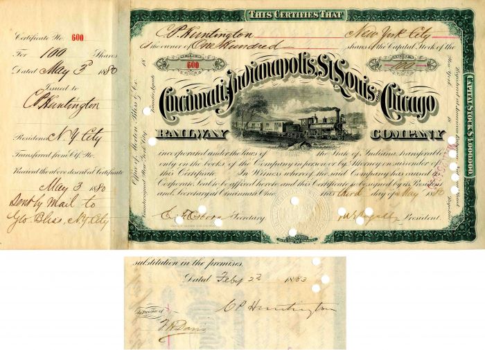 Cincinnati, Indianapolis, St. Louis & Chicago Railway Co. Issued to/Signed by C.P. Huntington - Railroad Stock Certificate