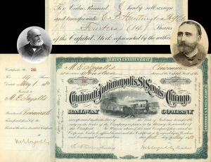 Cincinnati, Indianapolis, St. Louis and Chicago Railway Co. Transferred to C.P. Huntington and Signed by M.E. Ingalls - 1880 dated Autographed Railroad Stock Certificate