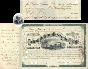 Cincinnati, Indianapolis, St. Louis and Chicago Railway Co. transferred to C. P. Huntington - 1880 dated Autographed Railroad Stock Certificate