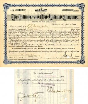 Baltimore and Ohio Railroad Co. Issued to E.F. Hutton - Stock Certificate