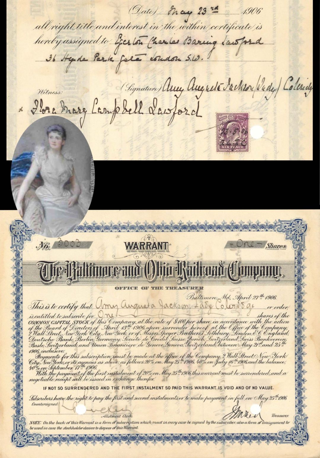 Baltimore and Ohio Railroad Co. Issued to and Signed by Amy Augusta Jackson. Lady Coleridge - 1906 dated Autographed Stock Certificate