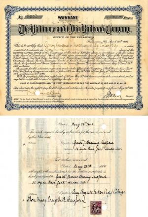 Baltimore and Ohio Railroad Co. Issued to and Signed by Amy Augusta Jackson. Lady Coleridge - Stock Certificate
