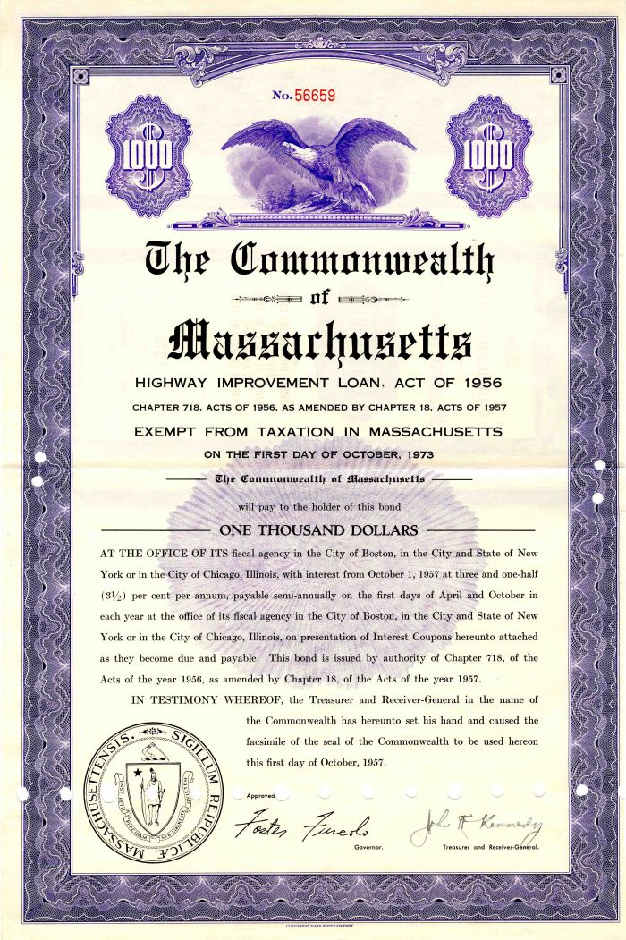 Commonwealth of Massachusetts - $1,000 Bond