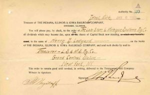 Indiana, Illinois and Iowa Railroad Co. Transfer Issued to and Signed by Henry B. Ledyard - Stock Transfer