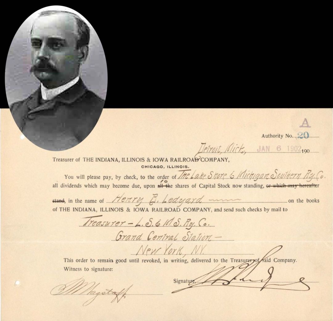 Indiana, Illinois and Iowa Railroad Co. Transfer Issued to and Signed by Henry B. Ledyard - 1902 dated Autographed Stock Transfer