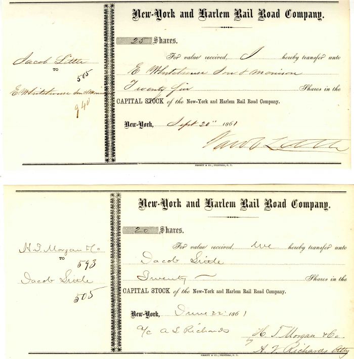 New York and Harlem Rail Road Co. Issued to and Signed by Jacob Little - Railway Stock Certificate